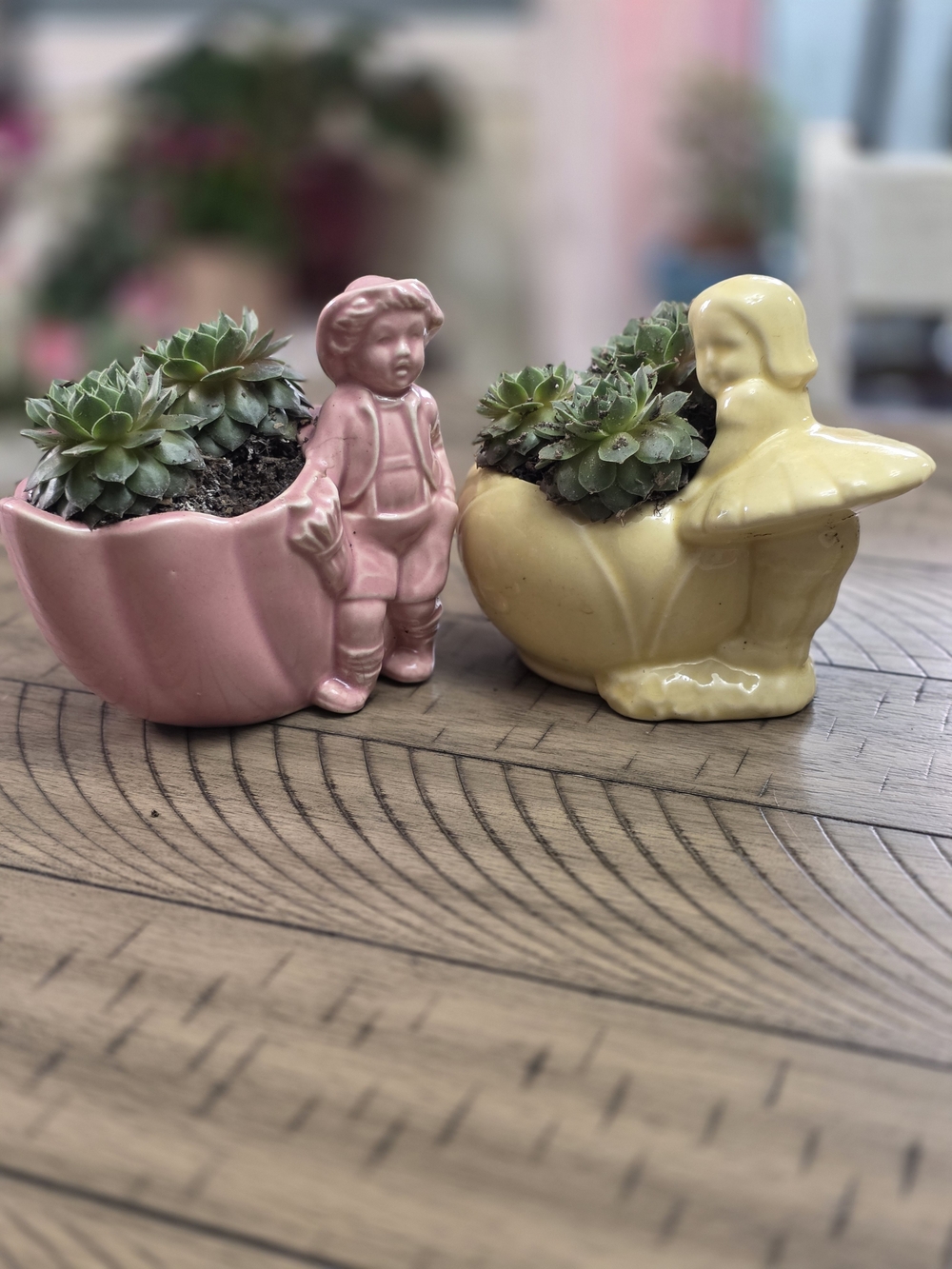 Pink Ceramic Boy and Yellow Ceramic Girl Planter Set Plants Included